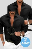 Slim Fit Kravatlık Uzun Kol Kolay Ütü Nefes Alan Dört Mevsim Slim Fit Erkek Gömlek 2'li Set - 1