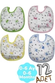 Bebek % 100 Cotton Arkası Muşambalı Su Geçirmez Renkli Mama Önlüğü 12'li Set 0-6 Ay - 8