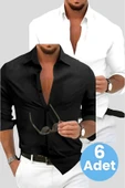 Slim Fit Kravatlık Uzun Kol Kolay Ütü Nefes Alan Dört Mevsim Slim Fit Erkek Gömlek 6'lı Set - 1