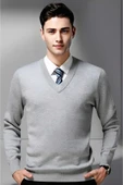 Erkek V Yaka Uzun Kol Triko Tüylenmez Süveter Erkek Slim Fit Süveter - 5