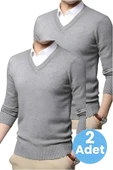 2'li  Erkek V Yaka Uzun Kol Triko Tüylenmez Süveter Erkek Slim Fit Süveter - 1
