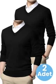 2'li  Erkek V Yaka Uzun Kol Triko Tüylenmez Süveter Erkek Slim Fit Süveter - 1