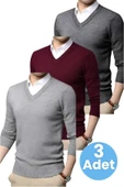 3'lü   Erkek V Yaka Uzun Kol Triko Tüylenmez Süveter Erkek Slim Fit Süveter - 1