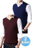 2'li  Erkek V Yaka Triko Tüylenmez Süveter Erkek Slim Fit Süveter - 1