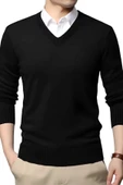 2'li  Erkek V Yaka Uzun Kol Triko Tüylenmez Süveter Erkek Slim Fit Süveter - 3