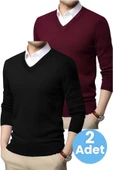 2'li  Erkek V Yaka Uzun Kol Triko Tüylenmez Süveter Erkek Slim Fit Süveter - 1