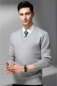 Erkek V Yaka Uzun Kol Triko Tüylenmez Süveter Erkek Slim Fit Süveter - 4