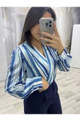 Mavi Çizgili Bodysuit Bluz - 1
