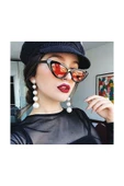 Retro Üçgen Cat-Eye Kırmızı - Turuncu Yansımalı Camlı Kadın Güneş Gözlüğü Siyah - 1