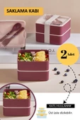 Bölmeli 2 Katlı Çatal Kaşıklı Pembe Beslenme Kabı - 1