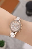 Beyaz Taşlı Dekoratif Kadran Şık Kadın Kol Saati - 1