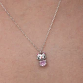 Gümüş Pembe Taşlı Sevimli Kedi Kadın Kolye T9052 thumbnail 4