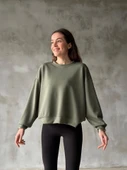 Osy Modal Yumuşak Dokulu Kumaş Bisiklet Yaka Oversize Sweatshirt - Haki - 1