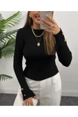 KOLU GOLD DÜĞMELİ BASİC TRİKO SİYAH BLUZ - 1