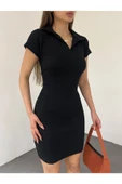 WOLEE Kadın Fitted/vücuda Oturan Polo Yaka Kısa Kollu Elbise,balo,mezuniyet,kına,düğün,davet Siyah - 3