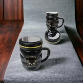 Ayna Kapaklı Panda Desenli Porselen Kupa Bardak Siyah Kupa Bardak thumbnail 2