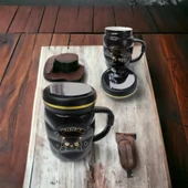 Ayna Kapaklı Panda Desenli Porselen Kupa Bardak Siyah Kupa Bardak thumbnail 3