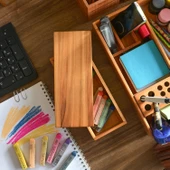 Woodsaka 3Line Yatay Kalemlik - Takı ve Araç & Gereç Saklama Kutusu - Kapaklı - Kiraz - 9