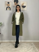Kadın Kapüşonlu Çizgili Astarlı Haki Trençkot - 2
