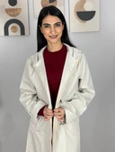 Kadın Kapüşonlu Çizgili Astarlı Krem Trençkot thumbnail 6