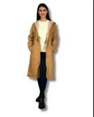 Kadın Kapüşonlu Çizgili Astarlı Taba Trençkot thumbnail 1