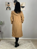 Kadın Kapüşonlu Çizgili Astarlı Taba Trençkot thumbnail 3