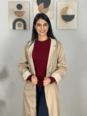 Kadın Kapüşonlu Çizgili Astarlı Bej Trençkot - 3