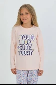 Kız Çocuk You Me Baskılı Uzun Kollu %100 Pamuklu Düğme Detaylı Pijama Takımı  10/15 Yaş - 1