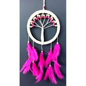 Fuşya Kuş Tüylü Hayat Ağacı Düş Kapanı Dream Catcher Duvar Süsü thumbnail 1
