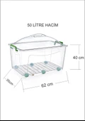 Büyük Dev 6 Tekerlekli 50 Lt. Kapaklı Sızdırmaz Şeffaf Plastik Kiler Fanus Saklama Kabı Kutusu Dolap - 2