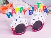 Happy Birthday Yazılı Beyaz Fuşya Renk Parti Gözlüğü 12x7 Cm - 1