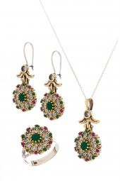 Verde  Renkli Taşlı  Gümüş Üçlü Set Otantik Takı Ayarlanabiilir Yüzüklü thumbnail 1