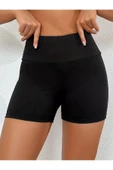 Yüksek Bel Düz Siyah Mayo Şortu, Esnek Çok Yönlü Tam Kapaklı Alt, Kadın Mayo ve Giyim - 6