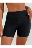 Yüksek Bel Düz Siyah Mayo Şortu, Esnek Çok Yönlü Tam Kapaklı Alt, Kadın Mayo ve Giyim - 1