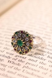 Verde Renkli Taşlı Gümüş Otantik Takı Ayarlanabiilir Yüzük thumbnail 3