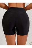 Yüksek Bel Düz Siyah Mayo Şortu, Esnek Çok Yönlü Tam Kapaklı Alt, Kadın Mayo ve Giyim - 3