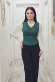 Şık V Yaka Crop Üst 6010-Yeşil - 1