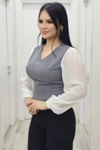 Şık V Yaka Crop Üst 6010-Gri - 2