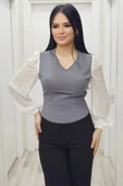 Şık V Yaka Crop Üst 6010-Gri - 1