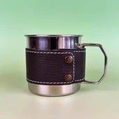 Perlotus Çelik 330 ml. Deri Kılıflı Katlanır Kulplu Kahve Kamp Bardağı Fincanı thumbnail 2