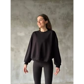 Osy Modal Yumuşak Dokulu Kumaş Bisiklet Yaka Oversize Sweatshirt - Siyah - 2