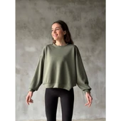 Osy Modal Yumuşak Dokulu Kumaş Bisiklet Yaka Oversize Sweatshirt - Haki - 2