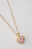 Çelik Zincir Gold Renk Zirkon Taş Pembe Kalp Model Kadın Kolye - 1