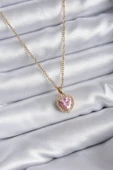 Çelik Zincir Gold Renk Zirkon Taş Pembe Kalp Model Kadın Kolye - 2