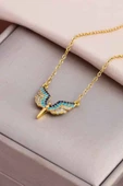 Mavi Zirkon Taşlı Gold Renk Mikail Meleği Figürlü Kadın Kolye - 2