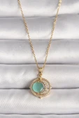 316L Çelik Gold Renk Zirkon Taşlı Yeşil Sedefli Hilal Model Kadın Kolye - TJ-BKO9706 - 1
