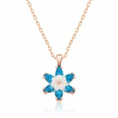 Gümüş Rose Mavi Lotus Çiçeği Kolye - 1
