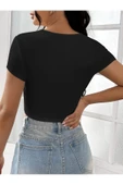 Kare Yaka Siyah Renk Fitilli Kısa Kollu Slim Fit Crop Top Bluz - 2