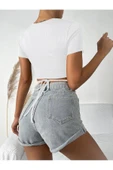 Beyaz Renk Bisiklet Yaka Düz Desensiz Likralı İpli Fitilli Kaşkorse Crop Top Kısa Kollu Bluz - 2