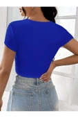 Kare Yaka Mavi Renk Fitilli Kısa Kollu Slim Fit Crop Top Bluz - 2